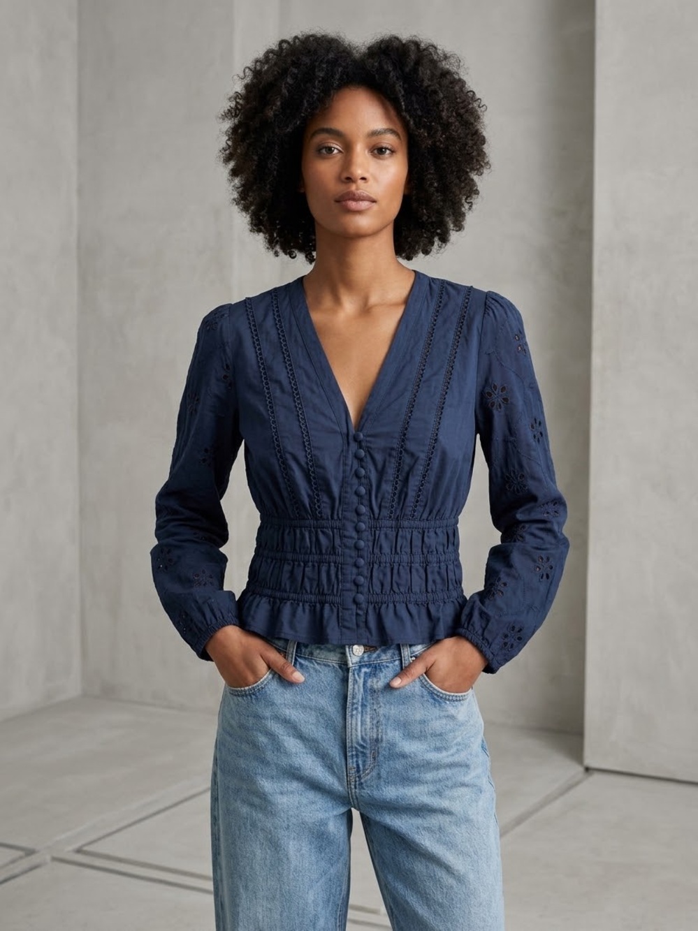 DELUC Oleiros Smocked Eyelet Blouse in Blue Marine Medium